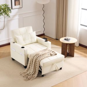 Sofá-cama individual 3 em 1 reclinável em pu branco com usb