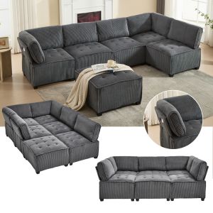Sofá modular 6 lugares em bombazina cinzento com bolsos laterais
