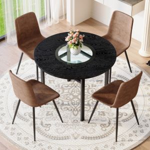 Conjunto mesa redonda 4 cadeiras madeira negra vidro castanho