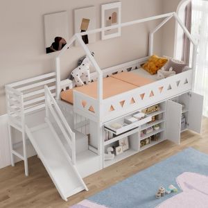 Cama infantil 90x200 cm com escorrega, escada e gavetas, branca