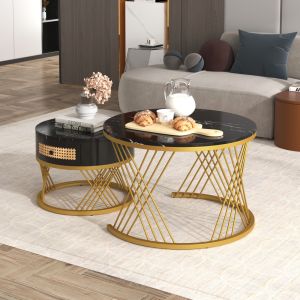 Conjunto de 2 mesas de centro redondas mdf preto e dourado 45,5x70x70cm