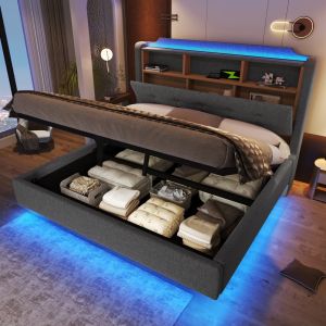 Cama estofada 140x200cm com arrumação e LED linho – cinzento