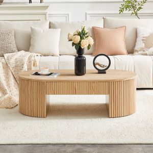 Mesa de centro oval com gaveta mdf efeito carvalho claro 17x118x65cm