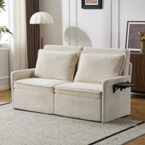 Sofá cama dobrável em chenille bege 3 lugares com usb e encosto ajustável