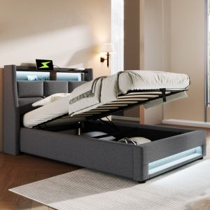Cama estofada 90x200cm com arrumação LED e usb linho – cinzento