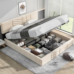 Cama estofada 160x200cm com arrumação e cabeceira ajustável veludo bege