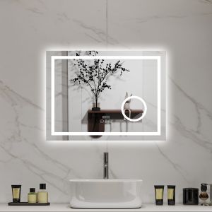 Espelho de banho LED aica de 80 × 60 cm com bluetooth, relógio, lupa 3x