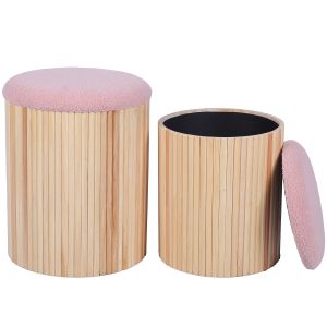 Conjunto de 2 pufes de madeira natural com tampa acolchoada rosa.