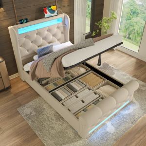 Cama estofada 90x200cm com LED arrumação veludo – bege