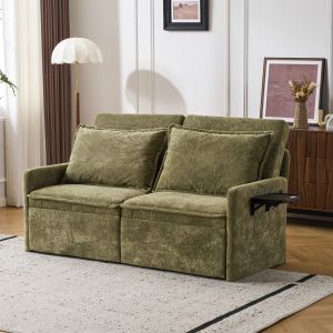 Sofá cama dobrável em chenille verde com arrumação e usb