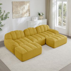 Sofá modular em u 3 lugares 2 otomanas tecido polar amarelo