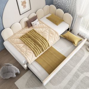 Cama de dia estofada em veludo bege 90x200 cm com cama extensível