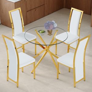 Conjunto mesa e cadeiras redonda vidro temperado branco dourado 4 lugares