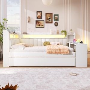 Cama juvenil 140x200 branca com LED, usb, secretária e cama extra