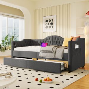 Cama estofada, 90 x 190 cm,linho cinzento (sem colchão)