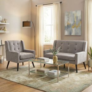 Conjunto de poltronas estofadas 2 peças cinzento claro com pés em madeira