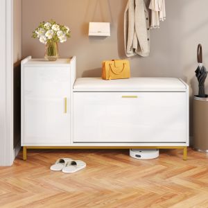 Sapateira com assento e 1 armário branco dourado 68x100x38cm