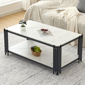 Mesa de centro retangular em mdf e metal branco e preto 46x114x64cm