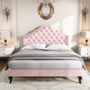 Cama 140x200cm com estrado de ripas e cabeceira ajustável, rosa