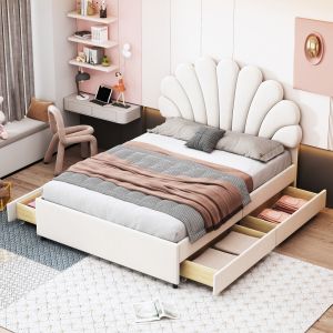 Cama de casal 140x200cm com arrumação veludo – bege