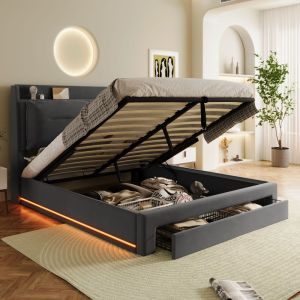 Cama estofada 140x190cm com arrumação hidráulica LED veludo cinzento escuro