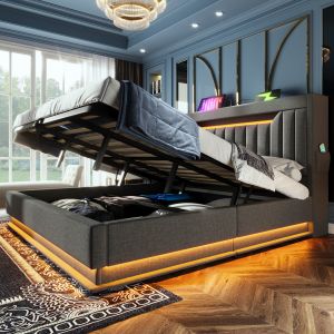 Cama estofada 140x200cm com LED e arrumação linho com colchão – cinzento