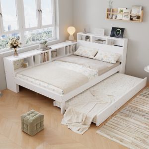 Cama de madeira 120x200cm com arrumação e tomada branca