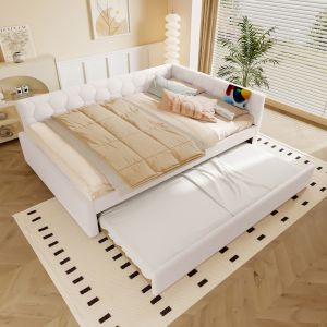 Cama de dia 140x200 cm em veludo branco com estrado cama auxiliar usb e luz