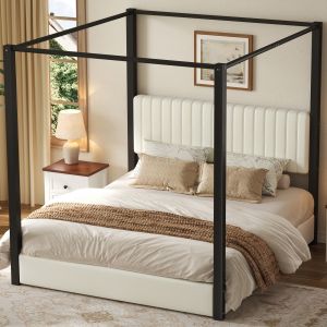 Cama estofada com dossel 180x200cm veludo estrutura metálica bege e preto