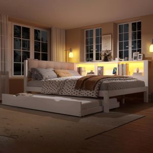 Cama articulada 140x200cm com prateleira LED usb branca
