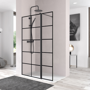 Ecrã de duche com porta dobrável 100cm + 40cm grelhas pretas