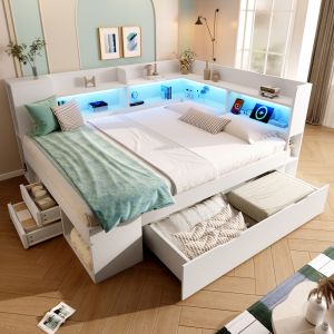 Cama com arrumação 140x200cm com LED, usb e tipo c madeira – branco
