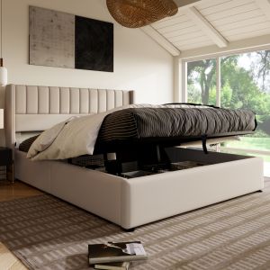 Cama estofada 140x200cm com arrumação hidráulica linho – bege