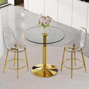 Conjunto de mesa de bar redonda em vidro transparente e 2 bancos dourados