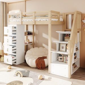 Cama alta 90x200cm com 4 gavetas e prateleira madeira natural