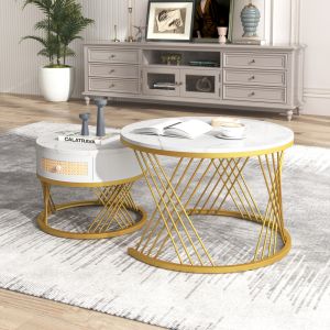 Mesa de centro dupla redonda mdf branco 45,5x70x70cm