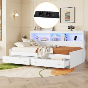 Cama de dia 90 x 200 cm em aglomerado e mdf branca com gavetas usb e LED
