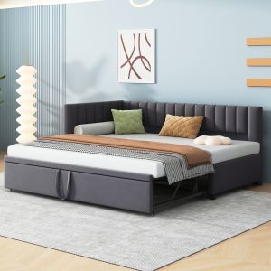 Sofá cama em l estofado em veludo cinzento 90x200 cm com cama extensível