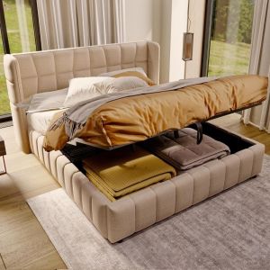 Cama para adulto 180x200cm com cabeceira e arrumação pneumática, bege