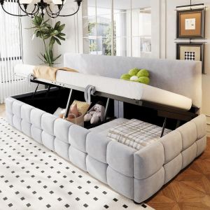 Sofá-cama com arrumação hidráulica 90x200cm, veludo cinzento-claro