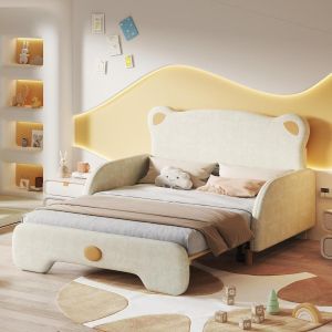 Cama infantil 140x200cm em veludo, urso, bordas acolchoadas bege