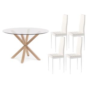 Conjunto mesa redonda em vidro temperado 120cm + 4 cadeiras couro