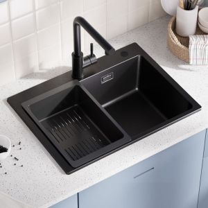 Cuba de cozinha em granito 60x45cm - cuba de 1 vaso preta com escorredor -