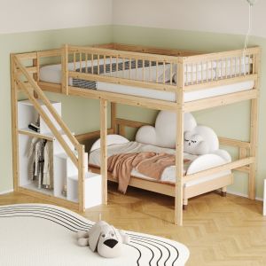 Cama infantil 140x200cm com escada e arrumação madeira – natural
