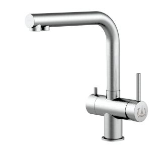 Grifo de cocina 3 vías acero inox cepillado caño L Bajo giratorio