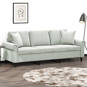 Sofá 3 lugares + almofadas decorativas 180cm veludo cinza-claro
