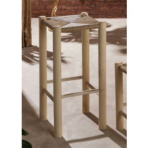 Banqueta de madeira natural com assento de corda, 32x 32x64cm