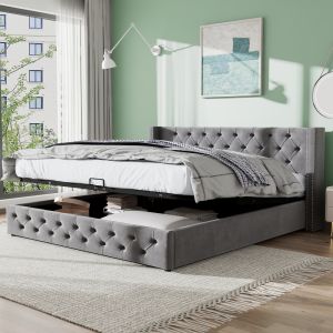 Cama estofada 160x200cm com armazenamento veludo cinzento