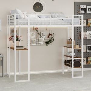 Cama alta 90x190cm com secretária e arrumação ferro – branco