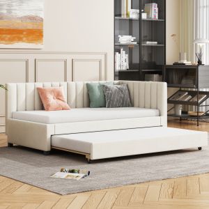 Sofá-cama estofado com cama extensível em veludo bege 90x200 cm